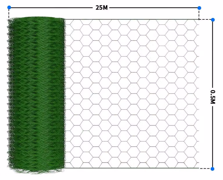 Recinzione perimetrale in rete metallica a forma di esagono - Recinzione per pollame, rotolo da 0,5 x 25 m - Filo metallico rivestito in PVC - Ideale per polli e altri volatili - Protezione per animali, piante e giardini - Resistente alla ruggine