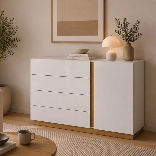 Madia Halana, Credenza 4 Cassetti, 138x40x91h cm Bianco Lucido