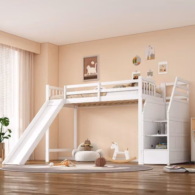 Letto a soppalco 90x200 cm con scivolo e scala portaoggetti in legno bianco