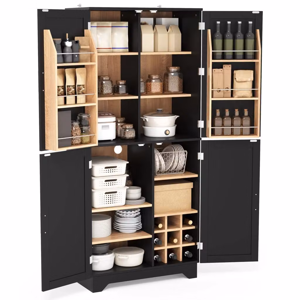 Colonna cucina moderna nera con 4 ante, vani aperti e portabottiglie in legno e MDF, L: 80 cm, P: 40 cm, H: 180 cm – 2