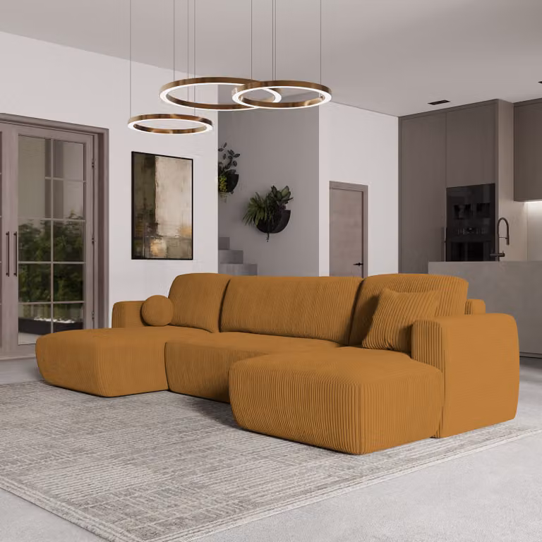 Divano angolare SENTUM P di Masseno con funzione letto a U, divano con box letto, divano da soggiorno, divano, divano letto, set di divani - giallo, POSO 01