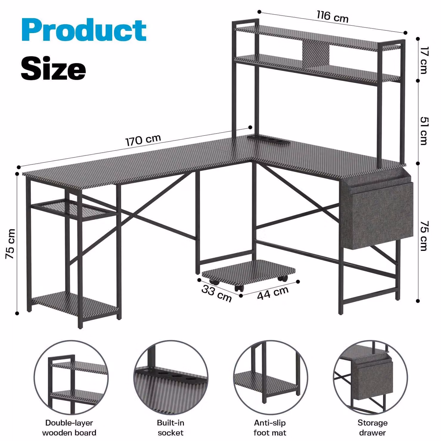 Scrivania a forma di L con ripiano e prese, scrivania angolare per computer, scrivania da ufficio con supporto per monitor e tasca laterale, 170x116 cm, nera
