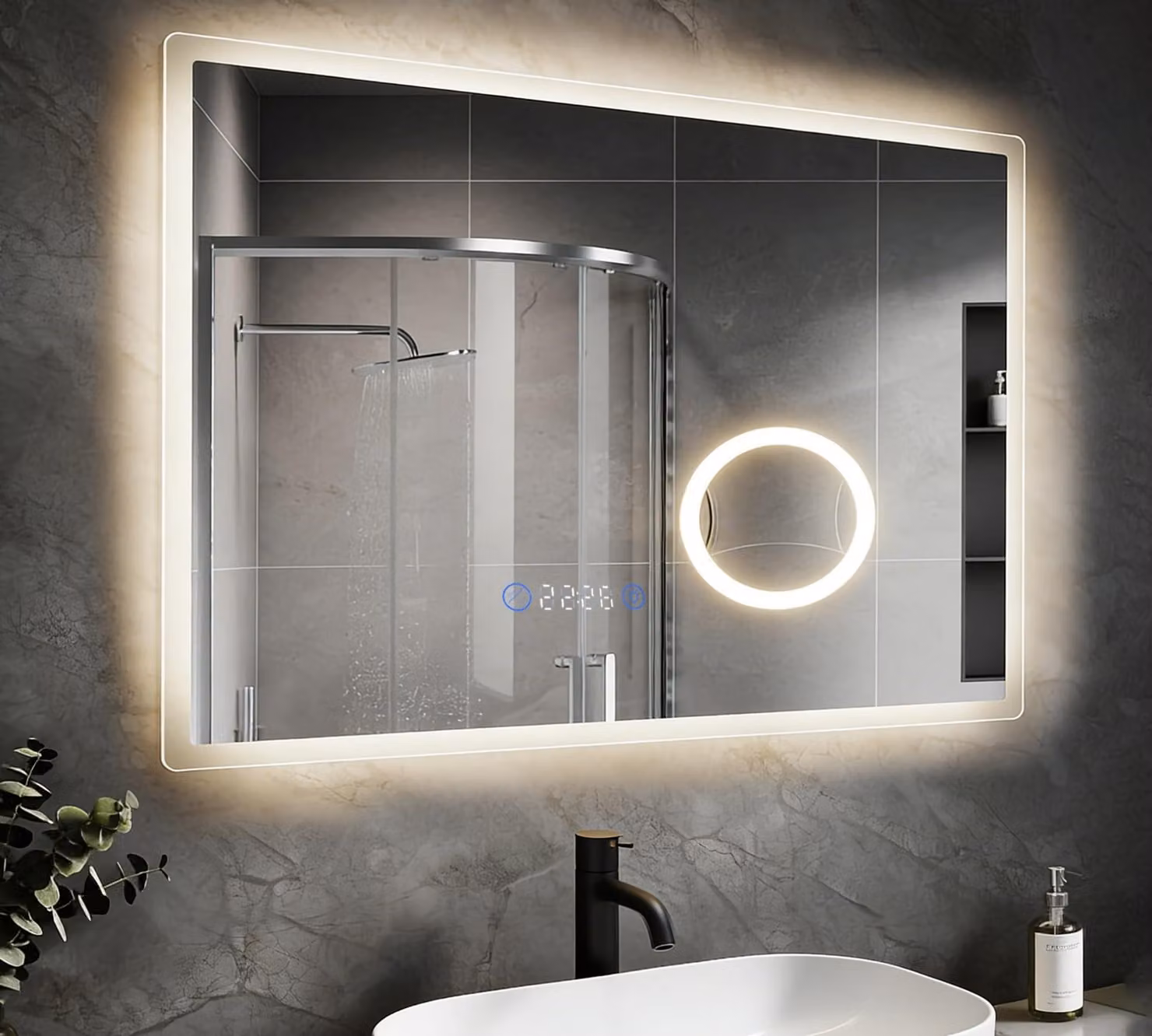 Specchio da bagno a LED, 80x60 cm, con touch screen, funzione antiappannamento e ingrandimento 5x