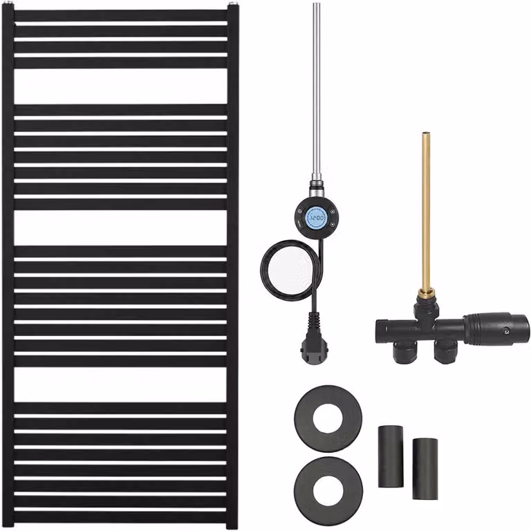 Kit radiatore per bagno Vincenzo - riscaldamento combinato, antenna Wi-Fi - collegamento laterale a un punto - 600W - nero opaco - 1330x600 mm