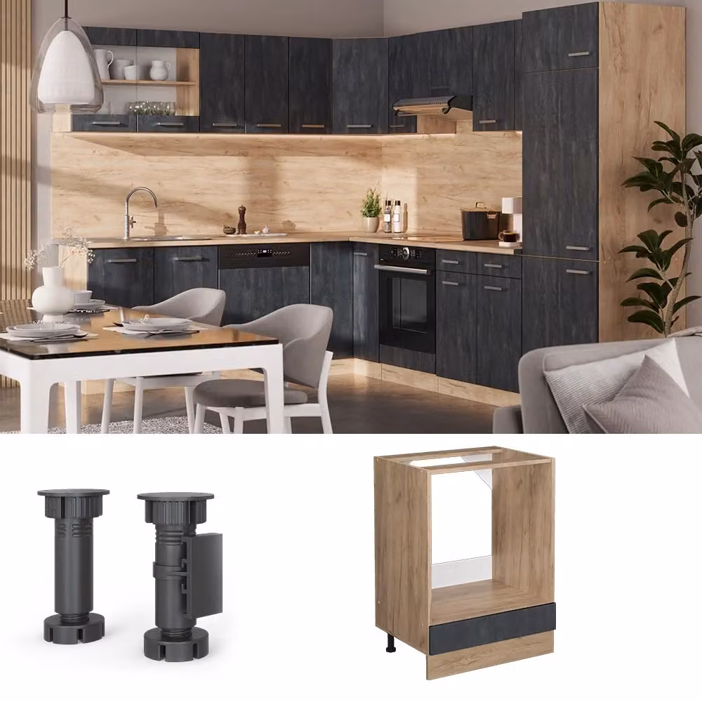 Mobile per forno da incasso Vicco R-Line Calce nera e Rovere dorato con base Antracite L: 60 cm – 2