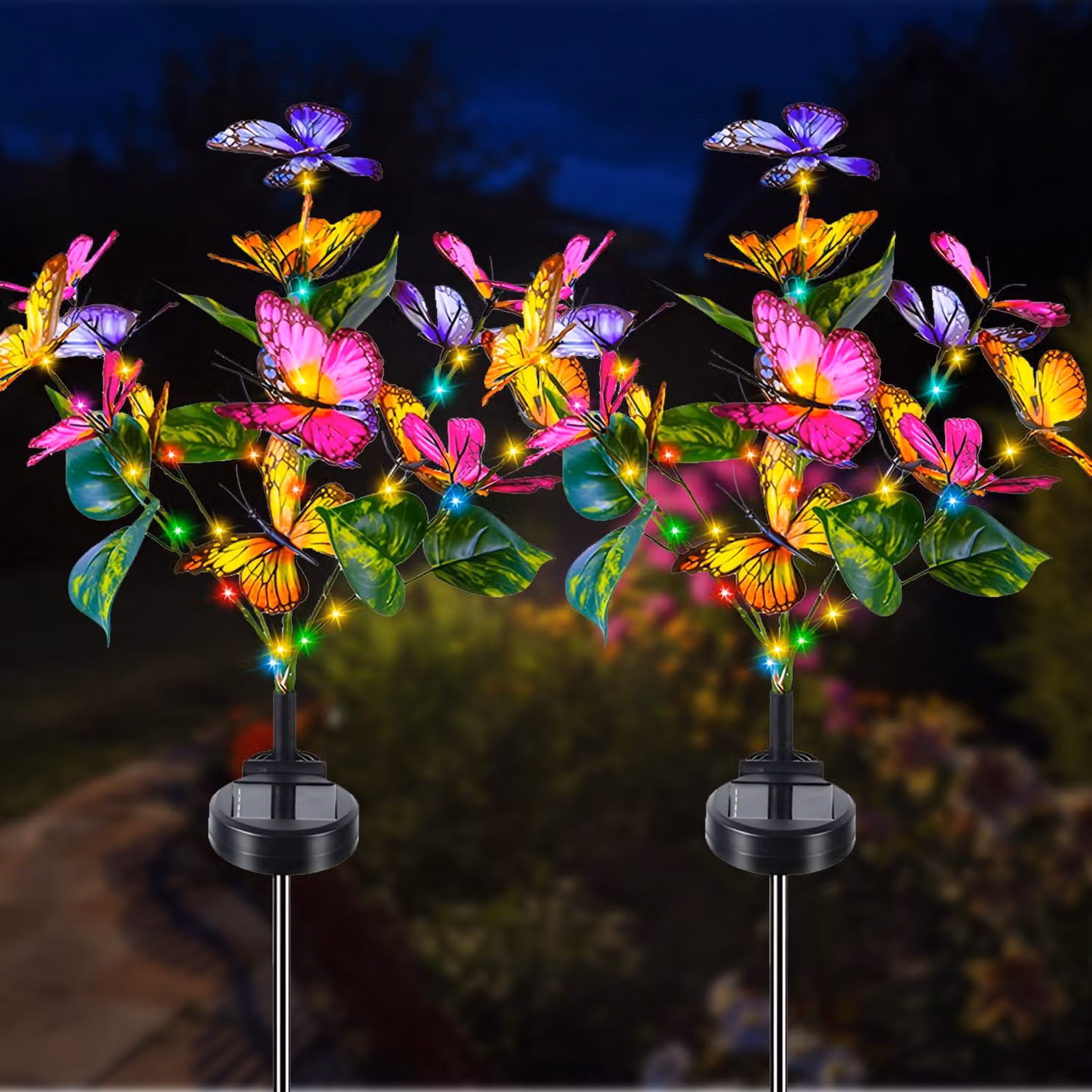 Set di 2 lanterne solari a forma di farfalla, colorate, con grado di protezione IP65, ideali per giardino e terrazza
