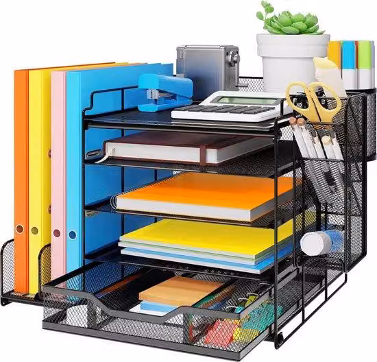 Organizer per materiale da ufficio con scomparto per documenti, set di 5 cartelline con base di ricarica e 2 penne stilografiche, organizer a rete con scomparto per giornali, ideale per l'home office e per le forniture da ufficio, nero