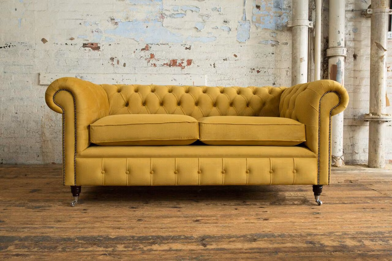 Chesterfield Design Sofa 2 Sitzer Couch Polster Sitz Garnitur Leder Gelb