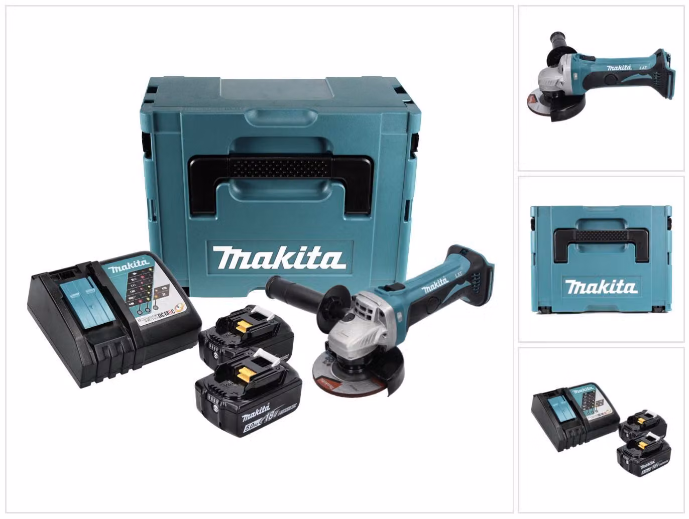 Makita DGA 452 RTJ Smerigliatrice angolare a batteria 18V / 115 mm in valigetta Makpac + 2x Batterie 5,0 Ah + Caricabatterie