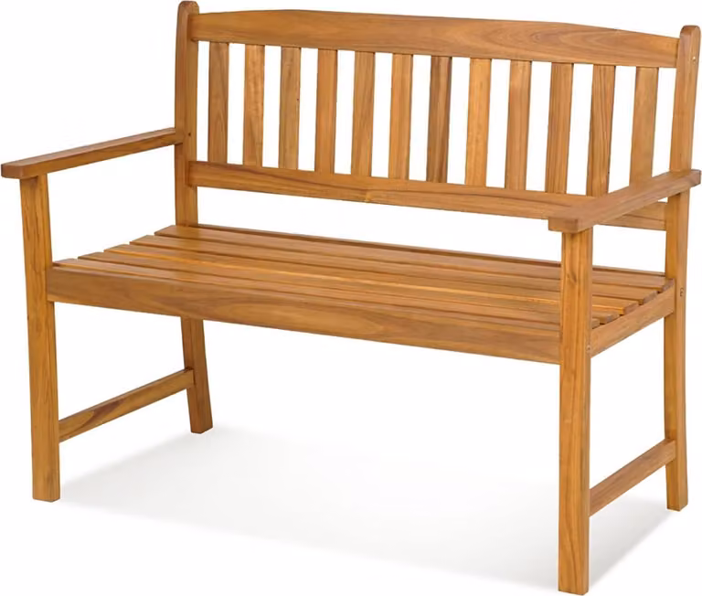 KOMFOTTEU, panchina da giardino per 2 persone, realizzata in legno di acacia, panca da esterno con schienale e braccioli, panchina da parco resistente fino a 360 kg (110x55x86 cm)