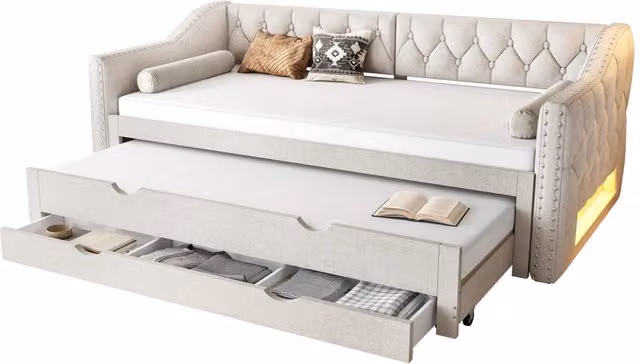 Letto divano Tynqer beige con letto estraibile, 3 cassetti e illuminazione LED sottostante, L/P/H: 90 x 200 x 55.6 cm – 1