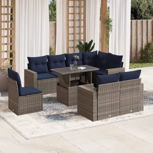 Set Divani da Giardino 9 pz con Cuscini Grigio in Polyrattan 3267411