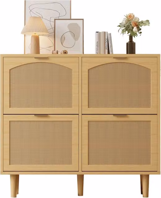 Mobile porta scarpe scandinavo in rattan e legno color beige e marrone con ripiani interni, L: 100 cm, P: 25 cm, H: 90 cm