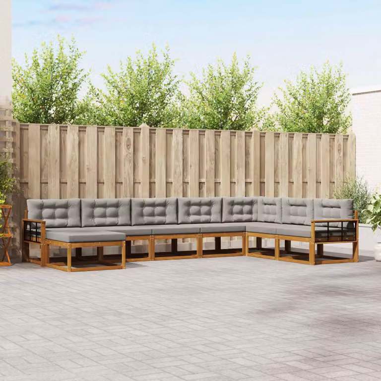 Set di divani da esterno vidaXL a forma di L composto da 8 pezzi in legno di acacia con cuscini grigi e marroni