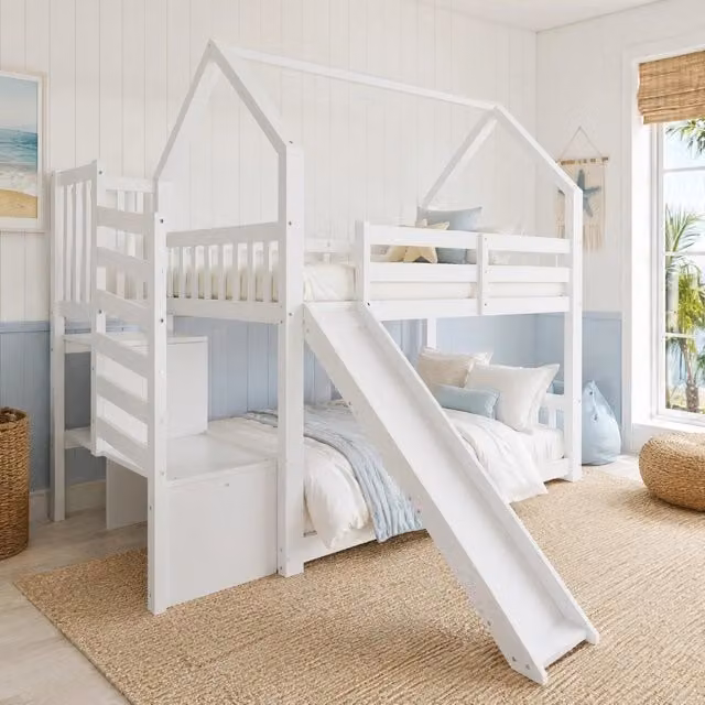 Letto a castello per bambini con scala contenitore e scivolo, 90x200 cm, struttura in pino e MDF bianca