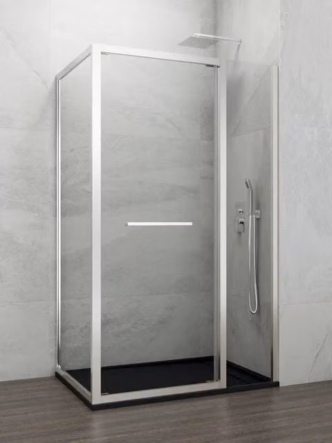 Box doccia angolare SPAZIO con vetro scorrevole e profili cromo lucido L/P: 105 x 90 cm
