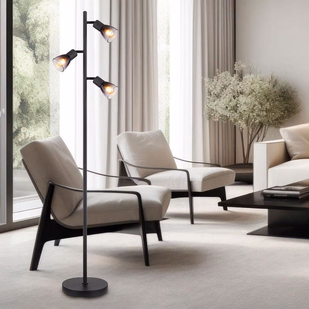 Lampada da terra, metallo, color grigio fumo, 3 luci, attacco E14, altezza 161 cm