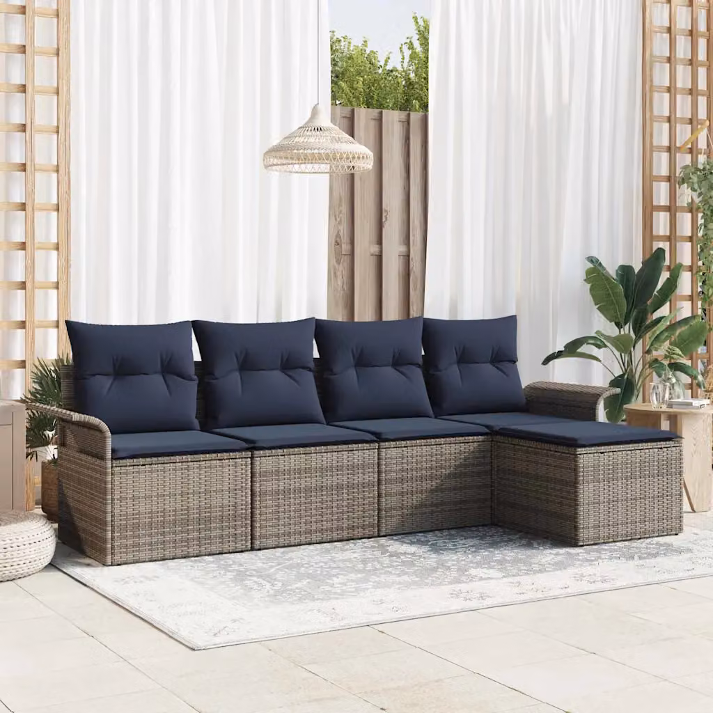 Set Divano da Giardino vidaXL 5 pz a Forma a L con Pouf, Colore Grigio e Blu, Struttura in Metallo e Polyrattan con Cuscini Inclusi