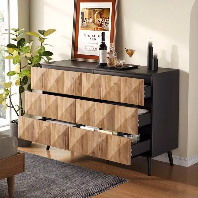 Cassettiera con 6 cassetti in rilievo e maniglie nascoste per soggiorno o camera in MDF nero naturale 120 × 40 × 85 cm
