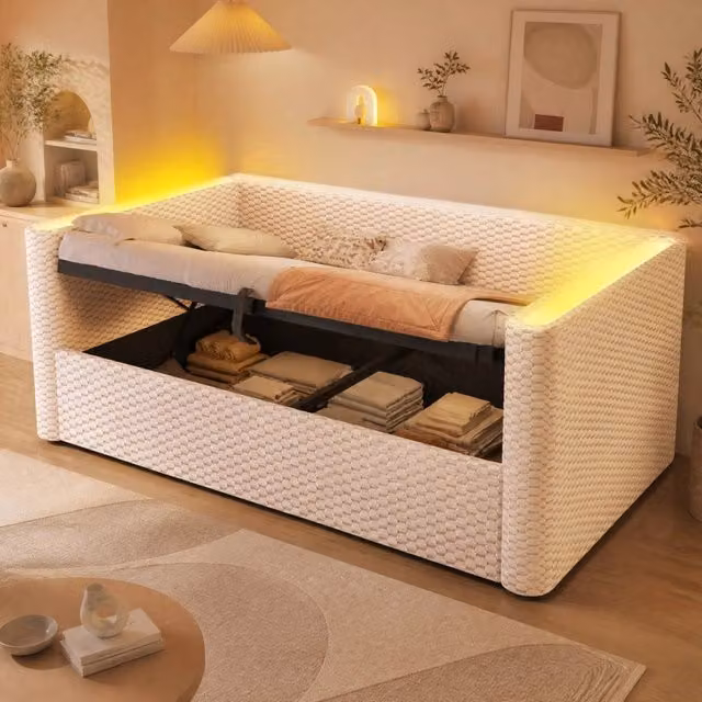 Divano letto REDOM in velluto beige con illuminazione LED e vano contenitore idraulico L/P/H: 90 x 200 cm – 1