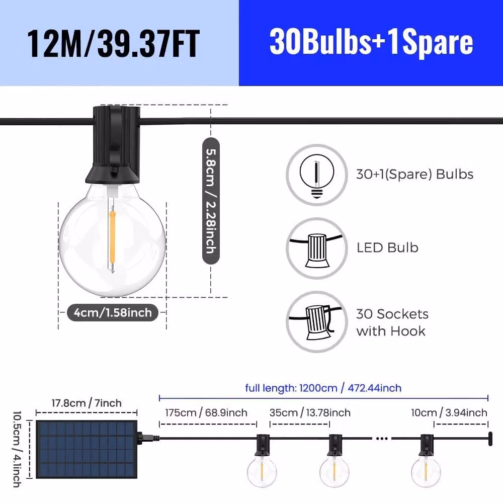 Catena luminosa LED G40 - Catena luminosa solare - Luce bianco caldo - 12 metri con 31 lampadine - Telecomando - 8 modalità di illuminazione lampeggiante - Intensità regolabile - Grado di protezione IP44, resistente agli agenti atmosferici
