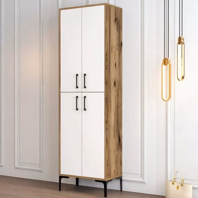 Scarpiera Sebastien DMORA, Armadio da ingresso moderno in legno e metallo, L: 60 cm, P: 35 cm, H: 200 cm, Noce e Bianco