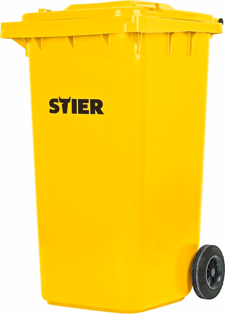 STIER Contenitore per rifiuti a 2 ruote, bidone della spazzatura, volume 240 litri, cestino dei rifiuti, colore: giallo, dimensioni: 576 x 720 x 1067 mm, bidone per rifiuti residui con ruote e coperchio, bidone universale, bidone universale