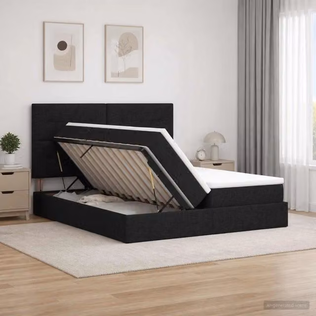 Letto con contenitore e testiera vidaXL in tessuto nero L: 180 cm, P: 200 cm, H: 204 cm