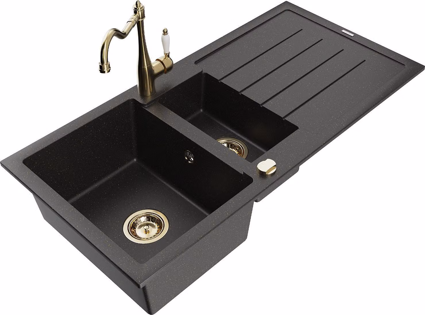Mexen Andres lavello in granito a 1,5 vasche con scolapiatti e rubinetto cucina Carla, nero/oro metallico - 6515-75-670700-50