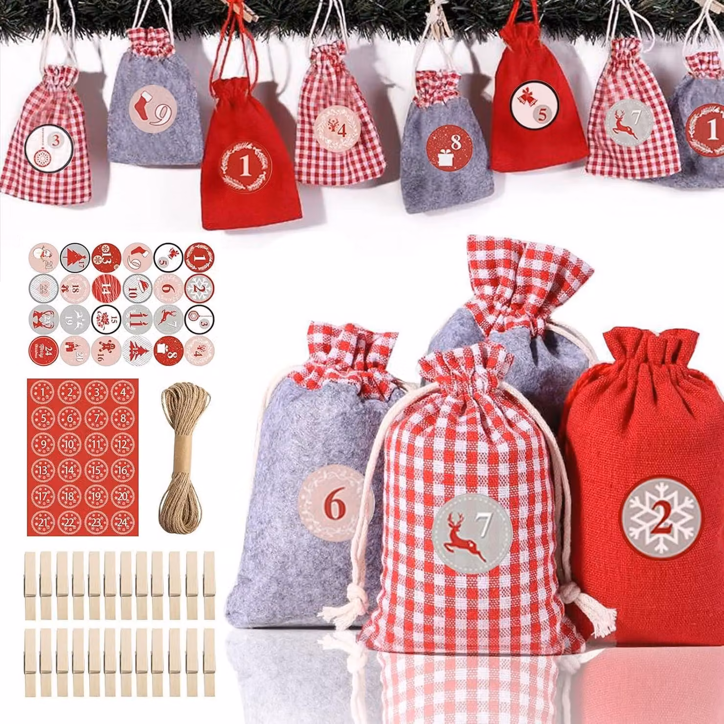 Kit per calendario dell'Avvento natalizio - Crea il tuo calendario dell'Avvento - Bellissimo calendario natalizio "fai da te" con sacchetto di juta con coulisse per decorazioni natalizie