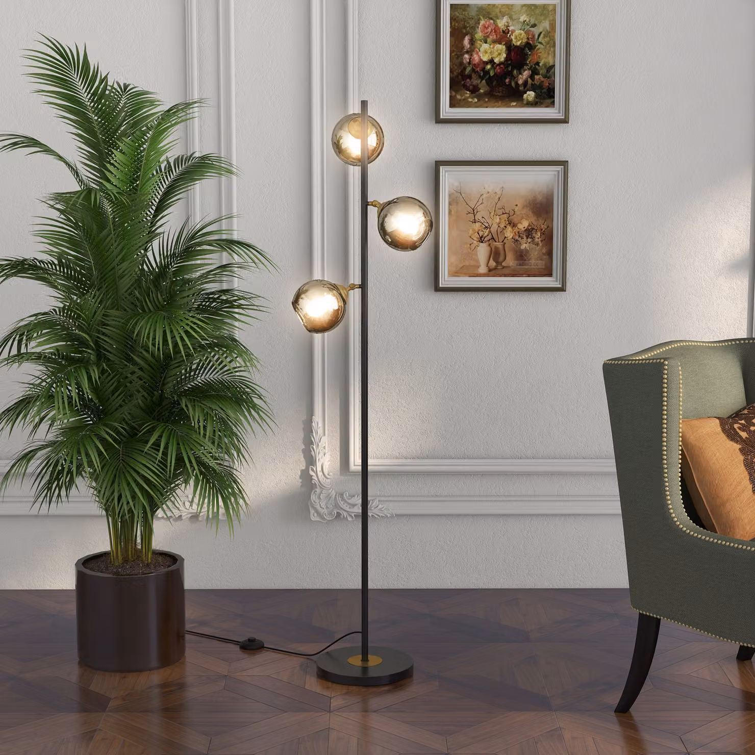 Lampada da terra ad albero HOMCOM in metallo con 3 paralumi in vetro nero e grigio, H 162 cm, Ø 36 cm – 2