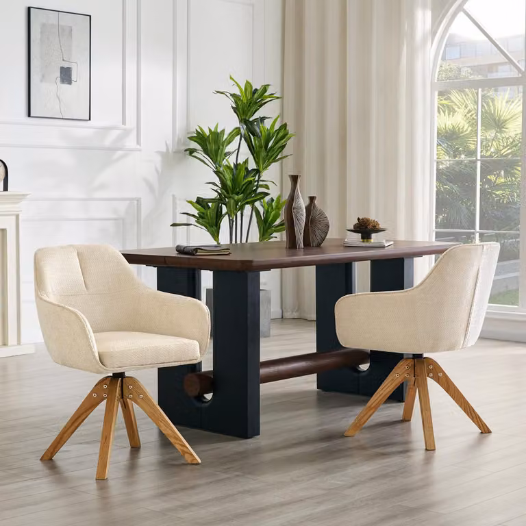 Set di 2 poltrone girevoli per sala da pranzo, con rotazione a 360 gradi, rivestite in tessuto beige, con gambe in legno massello, schienale ergonomico. Poltrone imbottite moderne e