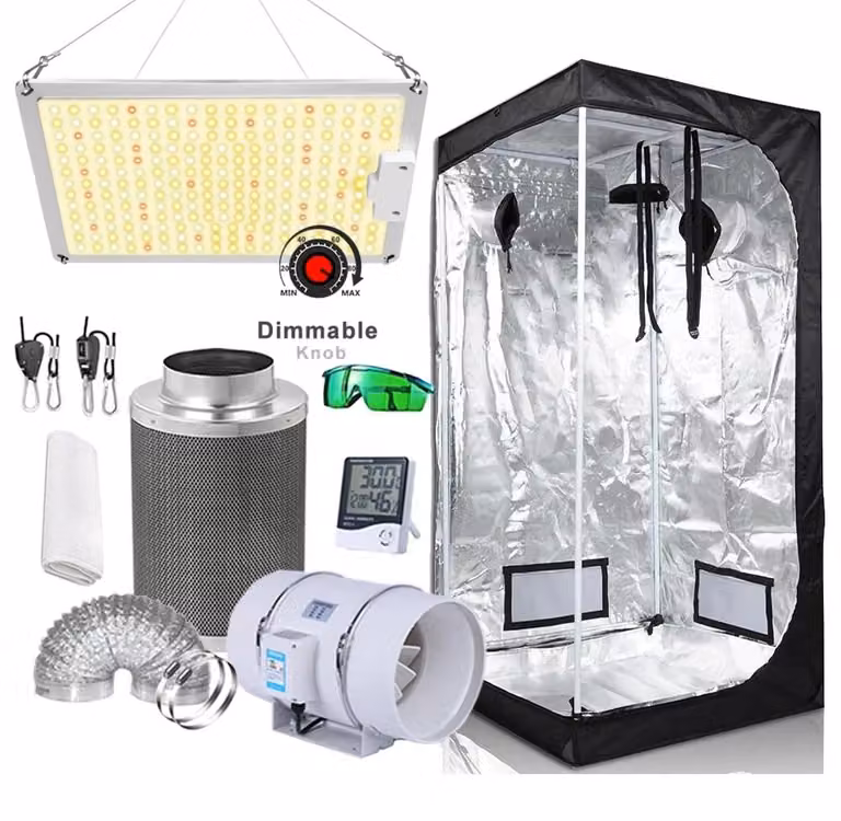Growzelt - Kit di coltivazione idroponica Modello E - Kit completo con luci LED - Elevato valore PPFD - Dimensioni 120 x 120 x 200 cm - Ventola da 10,16 cm - Filtro a carbone attivo