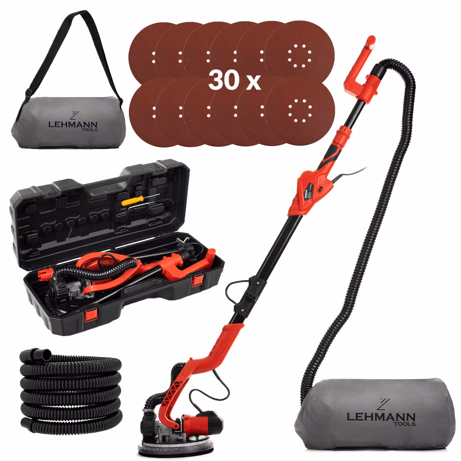 Levigatrice a collo lungo Lehmann, levigatrice per cartongesso, levigatrice per pareti/soffitti, 1800 watt, Ø 225 mm, sistema di aspirazione, con LED, incl. 6 dischi abrasivi e valigetta