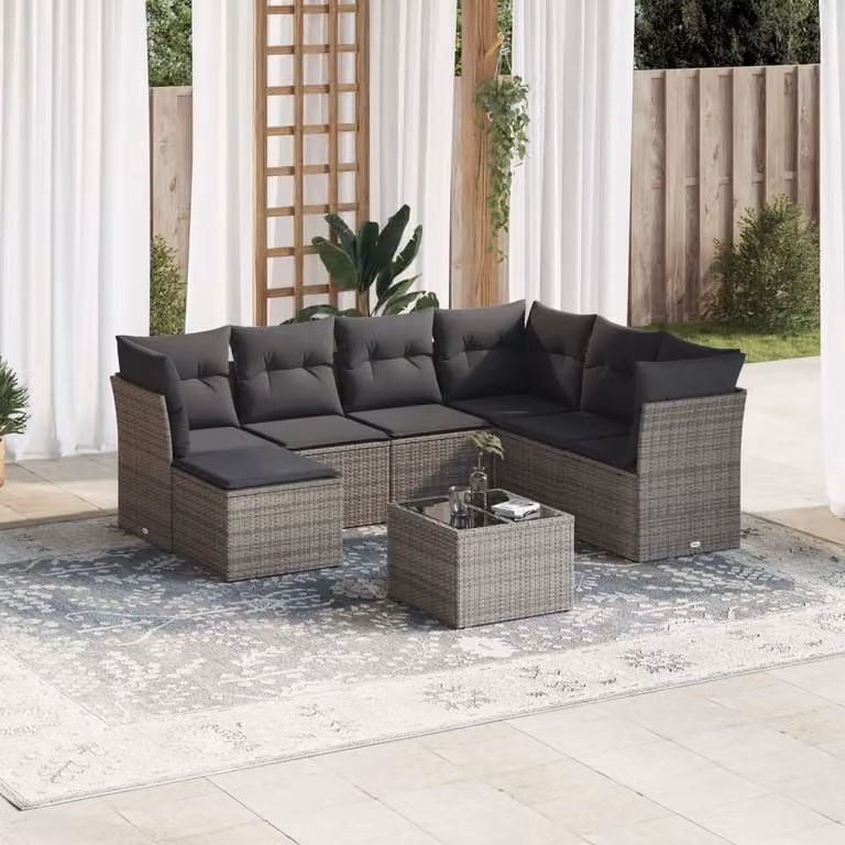 vidaXL Set Divano da Giardino 8 pz in Polyrattan Grigio con Cuscini Imbottiti e Tavolino
