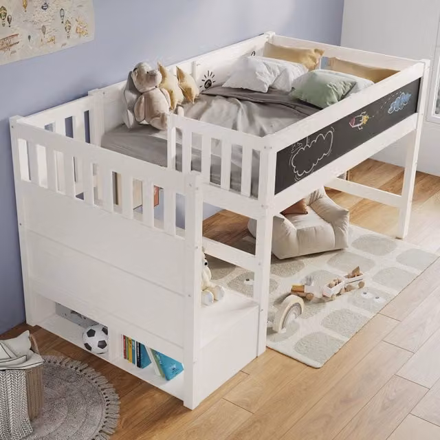 Letto a soppalco singolo REDOM bianco in legno massello e MDF con scala a gradini e scomparti laterali L/P/H: 90 x 200 cm