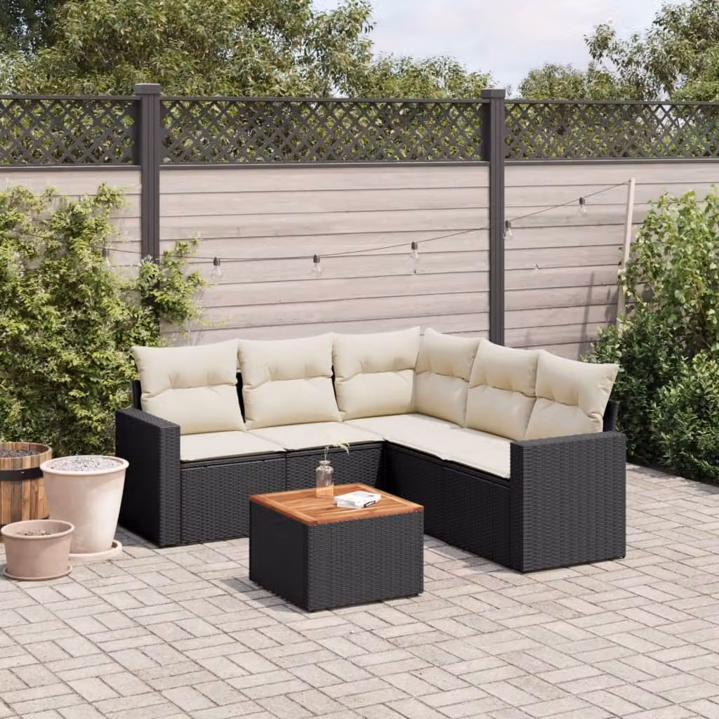 vidaXL Set Divano da Giardino a L 6 pz in Polyrattan Nero con Cuscini e Tavolino da Caffè – 1