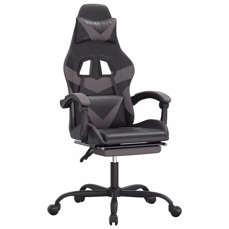 Sedia da Gaming con Poggiapiedi Nero e Grigio in Pelle finta
