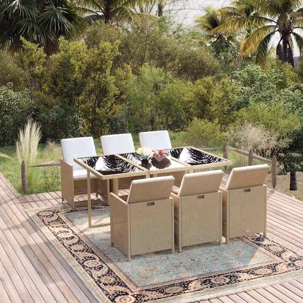 Set da pranzo da giardino vidaXL in polyrattan beige con tavolo in vetro e 7 pezzi