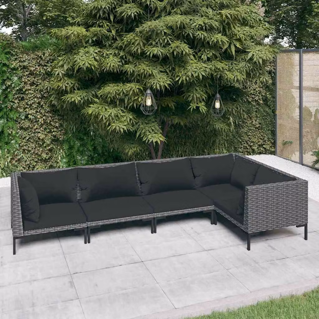 Set di divani da giardino vidaXL a forma di L composto da 5 pezzi con cuscini in schiuma e coperture rimovibili, struttura in metallo e rattan, colore grigio e nero
