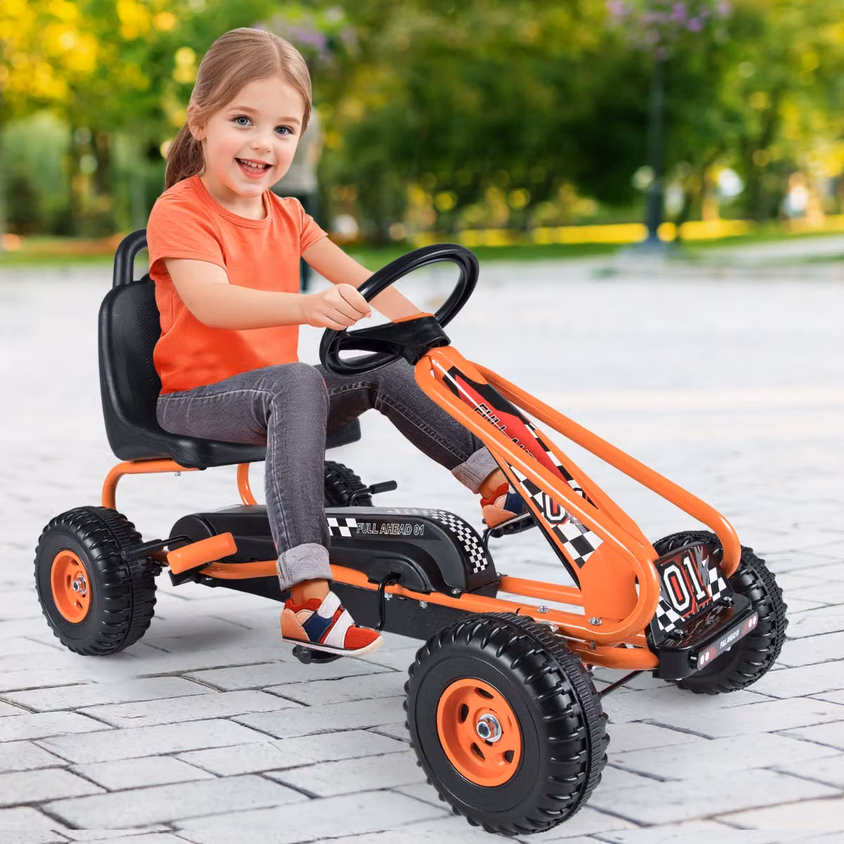 Go kart a pedali Costway arancione con sedile regolabile e freno a mano per bambini