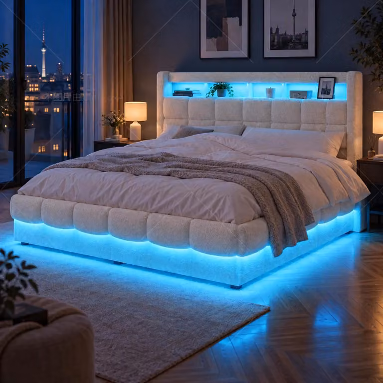 Letto matrimoniale imbottito INONEFT, 160x200 cm, con illuminazione LED, letto per ragazzi/bambini con spazio contenitore, letto con rete a doghe, struttura in morbida microfibra effetto peluche, color beige