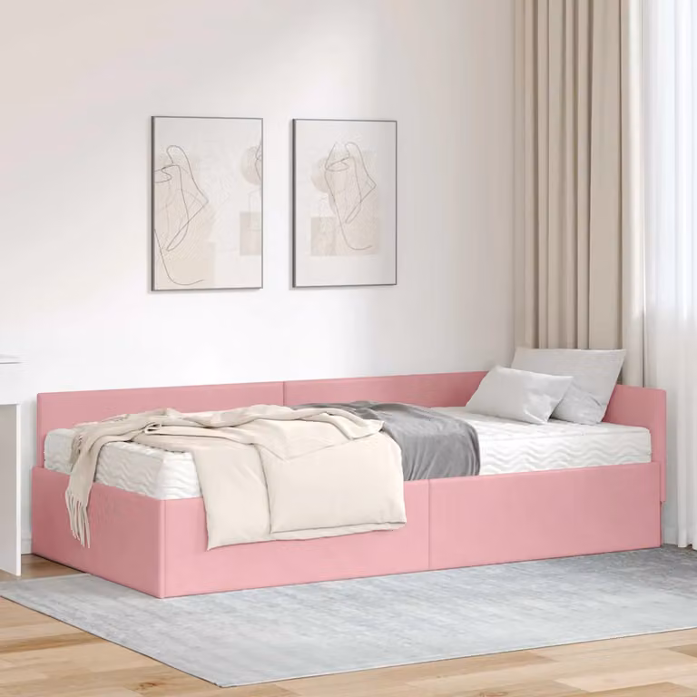vidaXL Struttura Letto Angolare con 2 Materassi in Velluto Rosa, L/P/H: 90 x 190 cm
