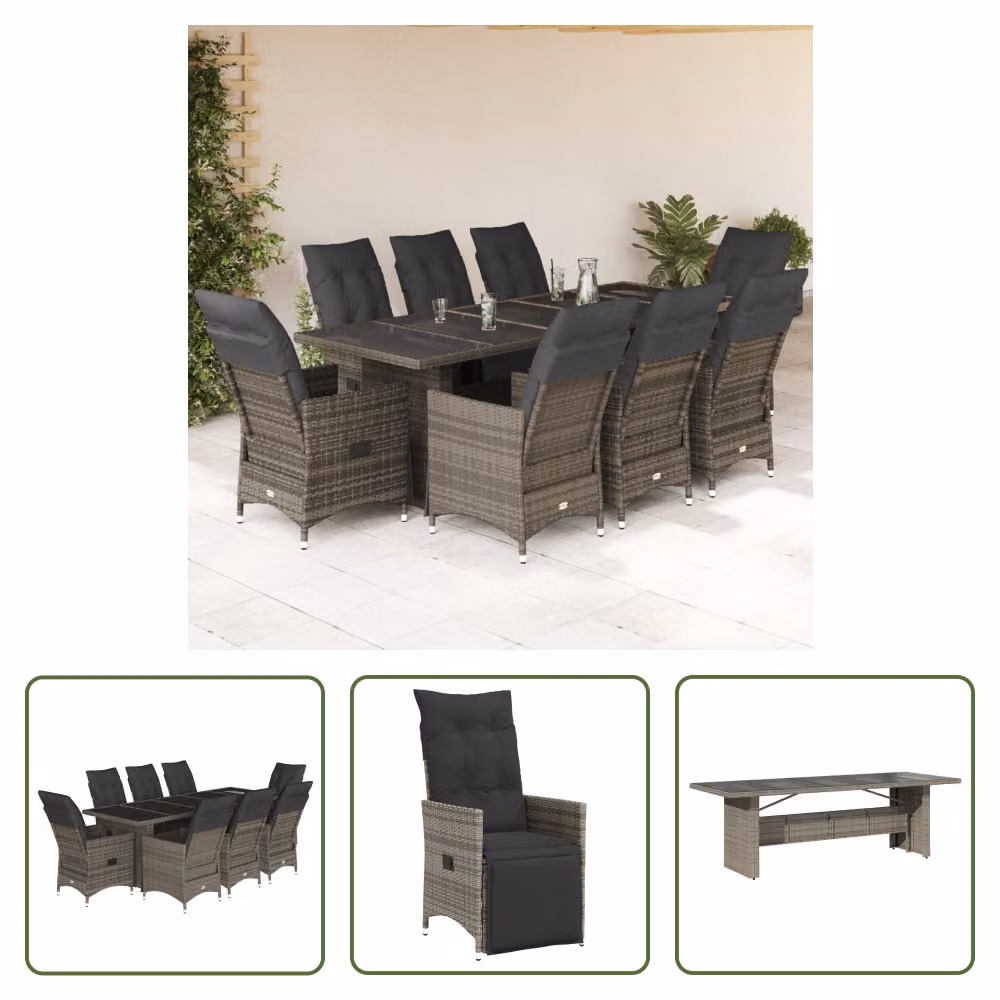 The Living Store Set bistrot da giardino 9 pezzi con cuscini in poly rattan grigio