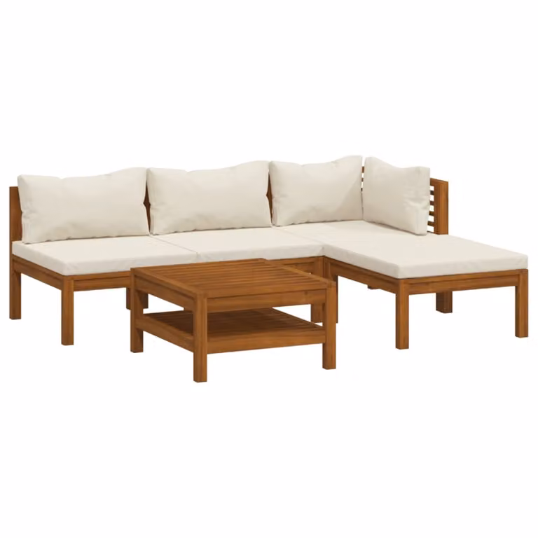 Set Divani da Giardino 5 pz con Cuscini Crema in Legno Acacia