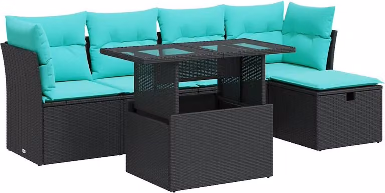 Set Divano da Giardino 6 pz con Cuscini Nero Polyrattan Acacia
