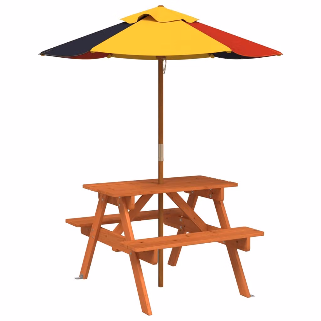 Tavolo da Picnic per 4 Bambini con Ombrellone Legno di Abete