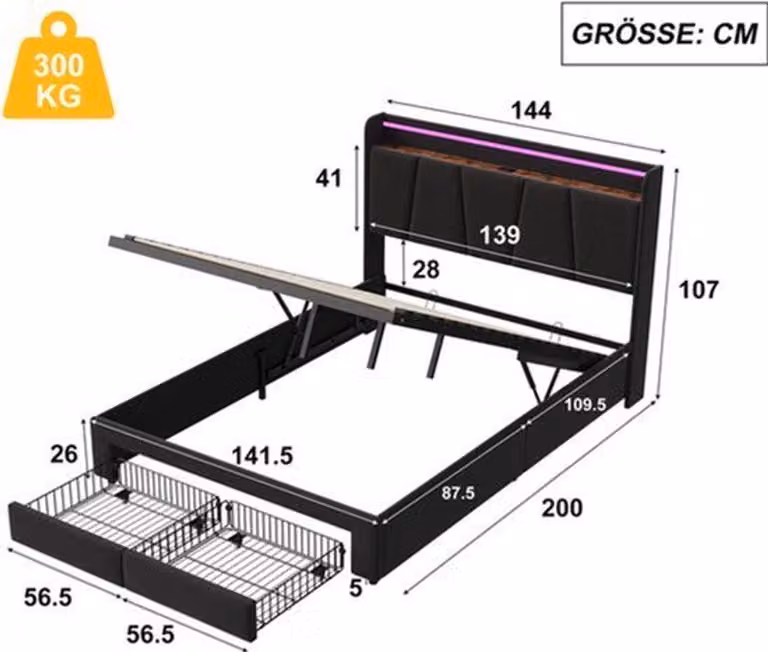 Letto matrimoniale con illuminazione a LED - 140x200 cm - Rivestito in tessuto - Include porta USB e spazio contenitivo - Grigio