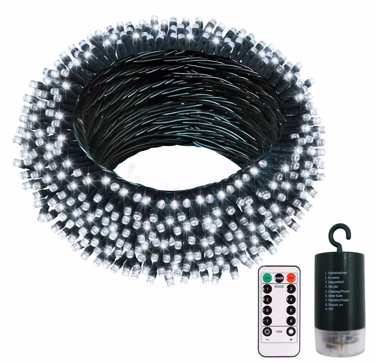 Catena luminosa a LED, 20 metri, 200 LED bianchi freddi, alimentazione a batteria, grado di protezione IP65