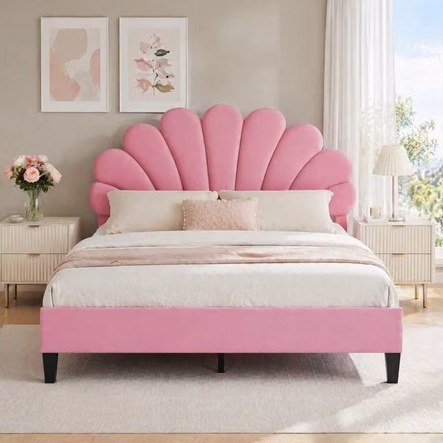Letto imbottito Mivray con testiera floreale in velluto rosa, L/P/H: 140 x 200 cm